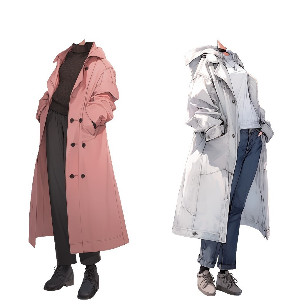 【透過素材】冬服/女性50枚(立ち絵作成用・トレンチコート、ピーコート、ニットセーター、ダウンジャケット)