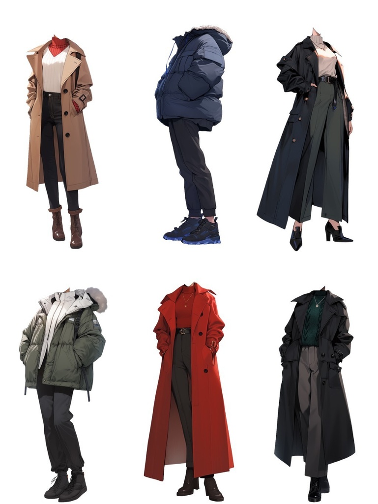 【透過素材】冬服/女性50枚(立ち絵作成用・トレンチコート、ピーコート、ニットセーター、ダウンジャケット)