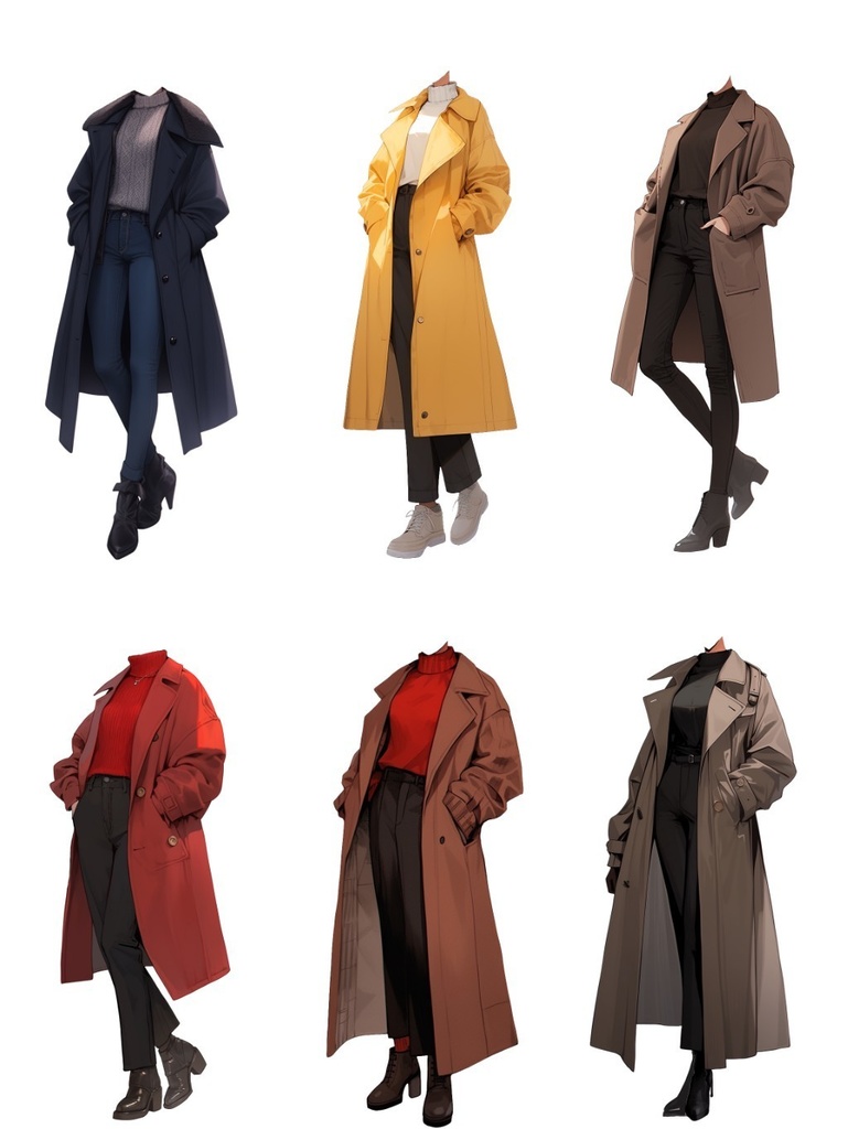 【透過素材】冬服/女性50枚(立ち絵作成用・トレンチコート、ピーコート、ニットセーター、ダウンジャケット)