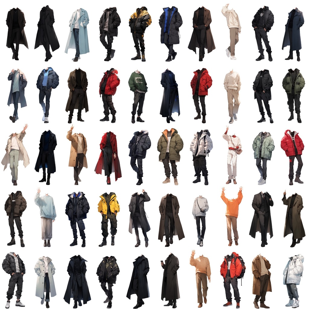 【透過素材】冬服/男性50枚(立ち絵作成用・トレンチコート、ピーコート、ニットセーター、ダウンジャケット)