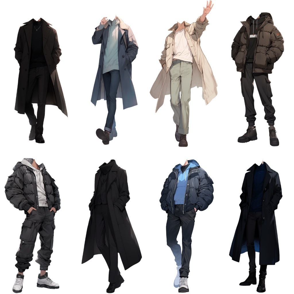 【透過素材】冬服/男性50枚(立ち絵作成用・トレンチコート、ピーコート、ニットセーター、ダウンジャケット)