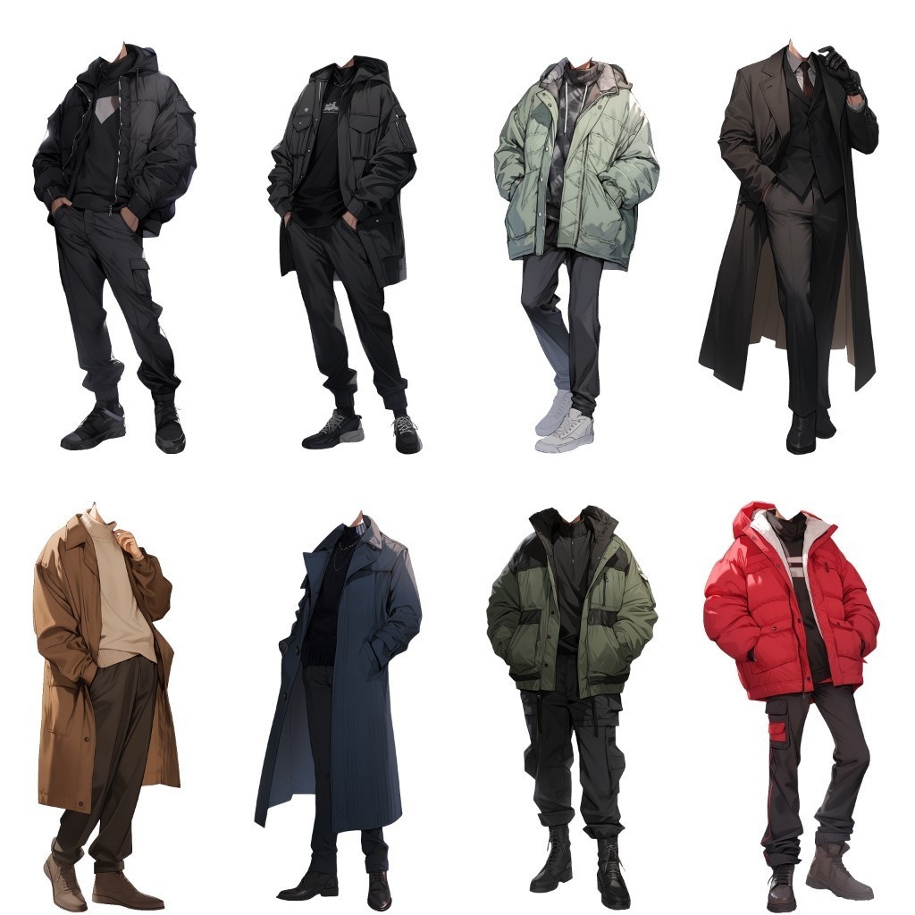 【透過素材】冬服/男性50枚(立ち絵作成用・トレンチコート、ピーコート、ニットセーター、ダウンジャケット)