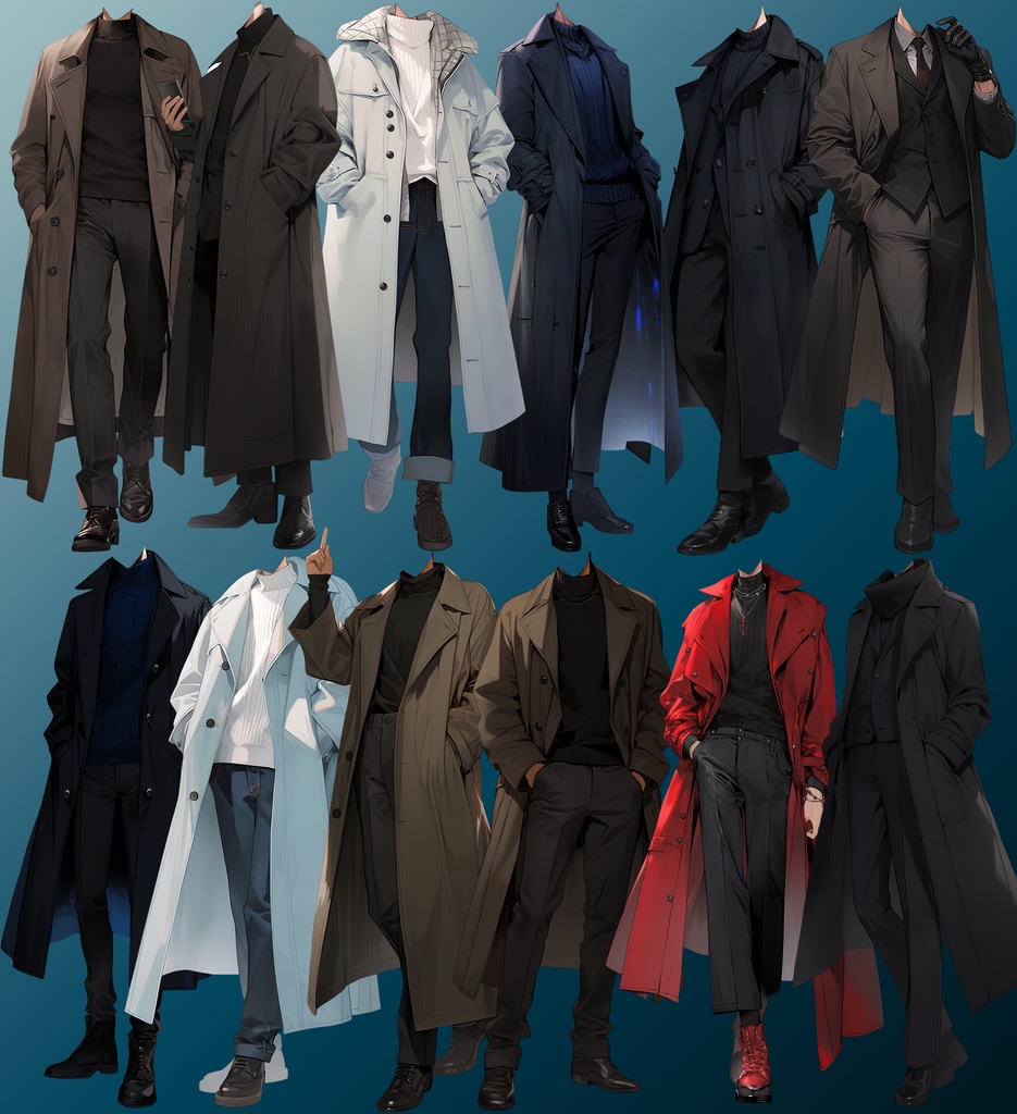 【透過素材】冬服/男性50枚(立ち絵作成用・トレンチコート、ピーコート、ニットセーター、ダウンジャケット)