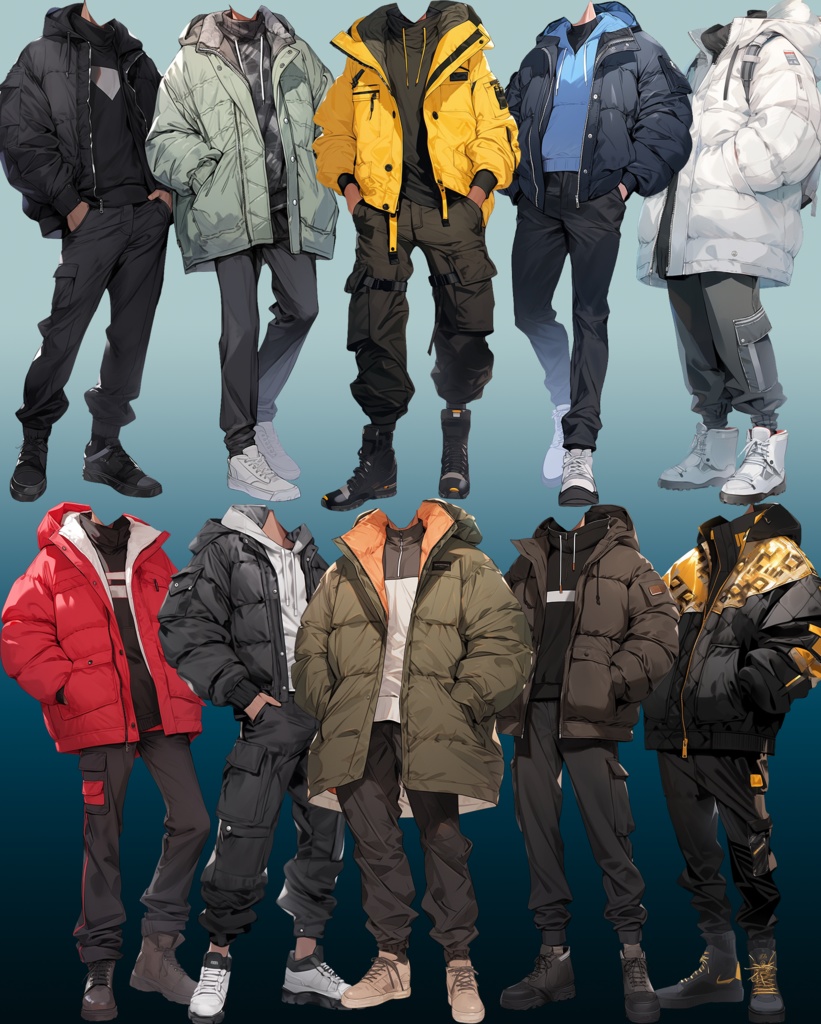 【透過素材】冬服/男性50枚(立ち絵作成用・トレンチコート、ピーコート、ニットセーター、ダウンジャケット)