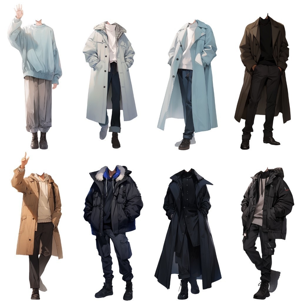 【透過素材】冬服/男性50枚(立ち絵作成用・トレンチコート、ピーコート、ニットセーター、ダウンジャケット)
