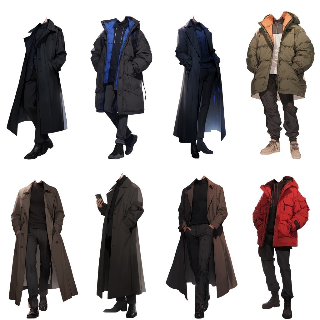 【透過素材】冬服/男性50枚(立ち絵作成用・トレンチコート、ピーコート、ニットセーター、ダウンジャケット)