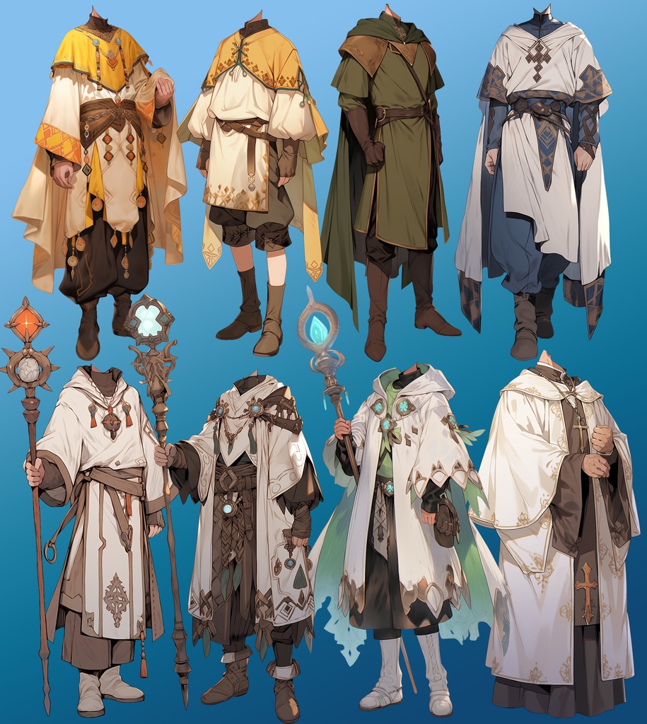 【透過素材】ファンタジー衣装/男性50枚(立ち絵作成用・魔法使い、騎士、戦士、貴族、詩人、聖職者、中世)