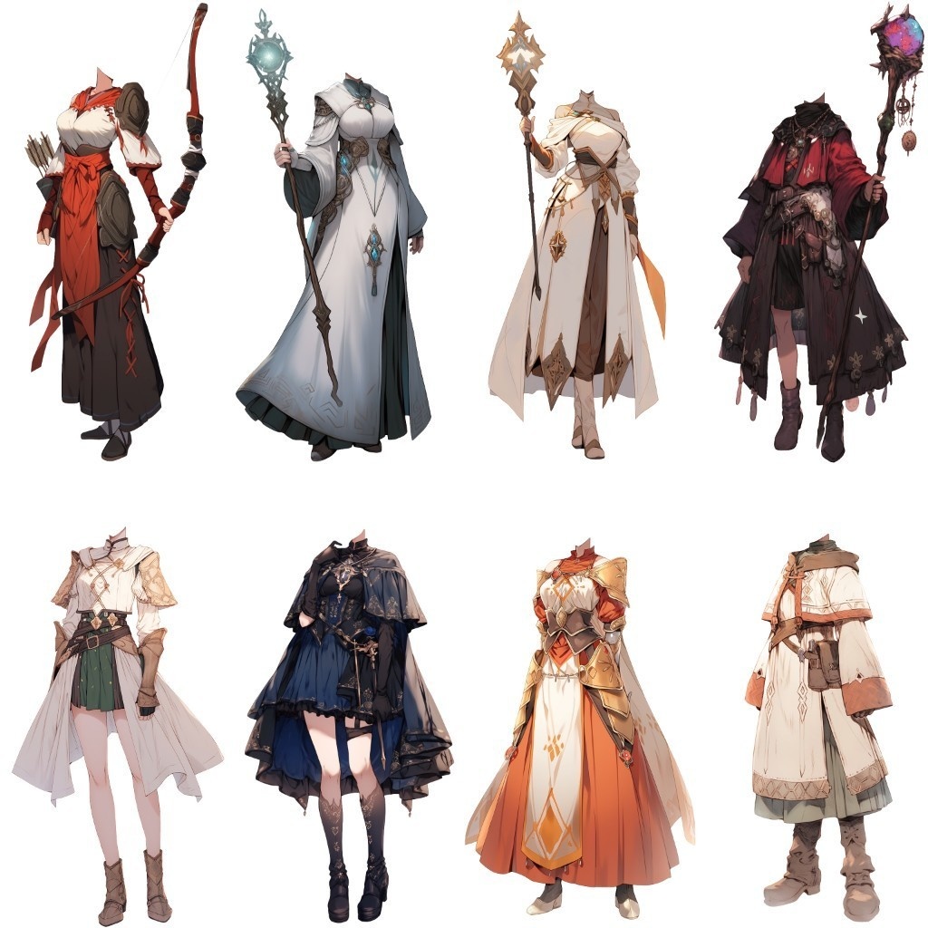 【透過素材】ファンタジー衣装/女性50枚(立ち絵作成用・魔法使い、騎士、戦士、貴族、アサシン、踊り子、中世)