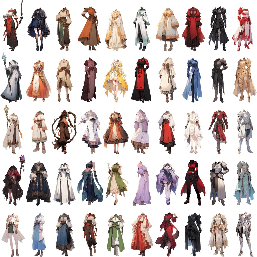 【透過素材】ファンタジー衣装/女性50枚(立ち絵作成用・魔法使い、騎士、戦士、貴族、アサシン、踊り子、中世)