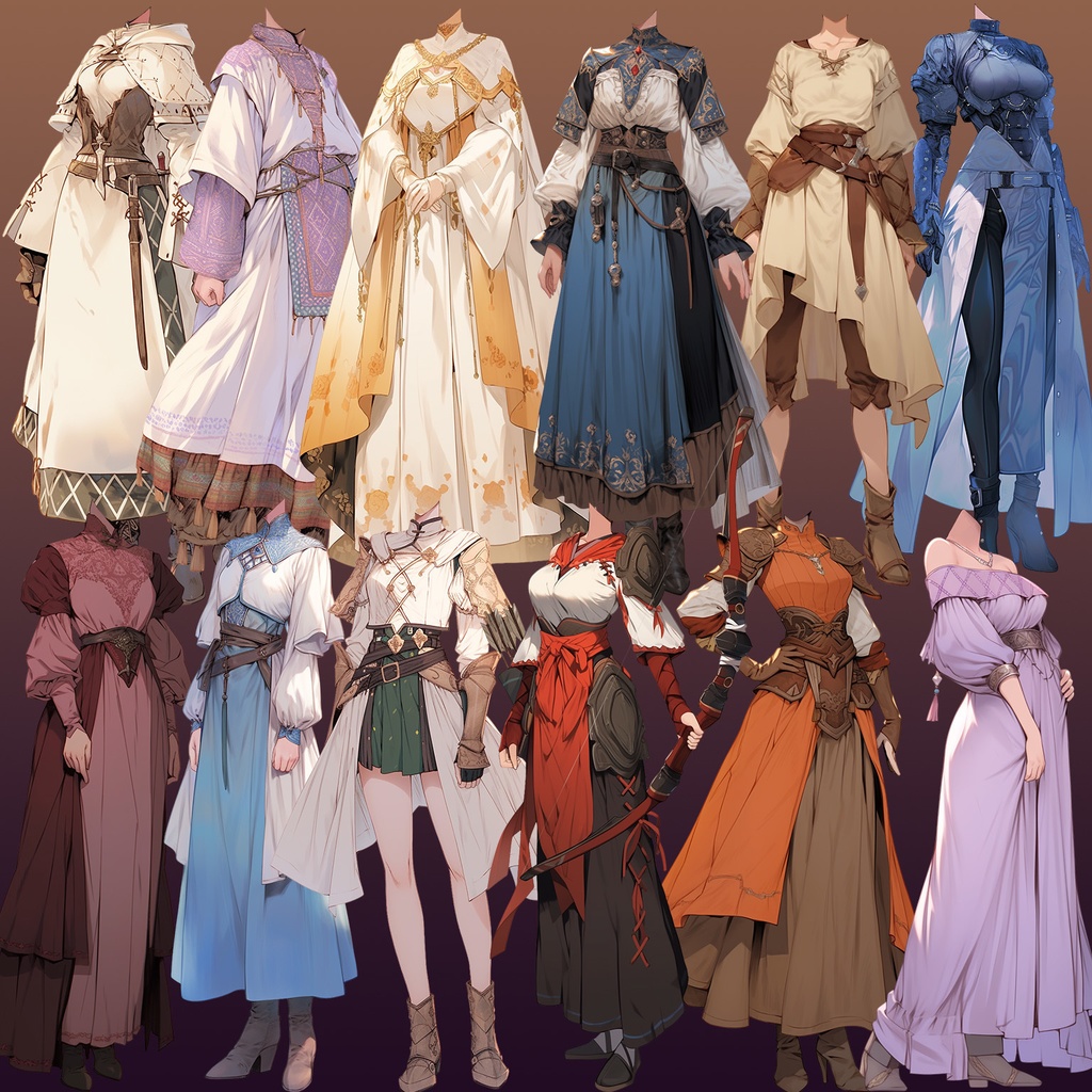 【透過素材】ファンタジー衣装/女性50枚(立ち絵作成用・魔法使い、騎士、戦士、貴族、アサシン、踊り子、中世)