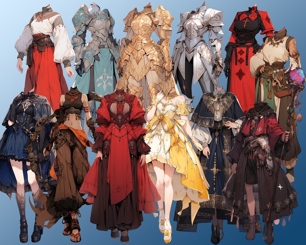 【透過素材】ファンタジー衣装/女性50枚(立ち絵作成用・魔法使い、騎士、戦士、貴族、アサシン、踊り子、中世)