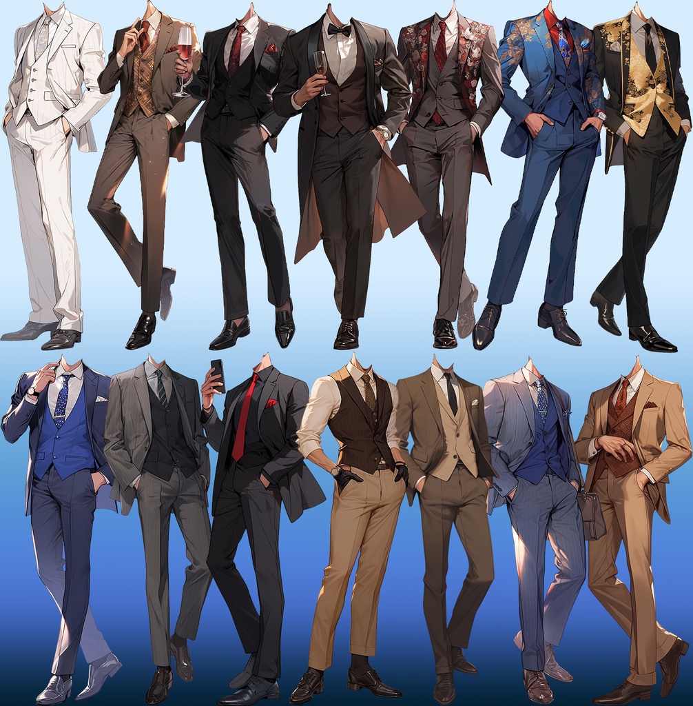 【透過素材】スーツ/男性50枚(立ち絵作成用・タキシード、ベスト、フォーマル衣装、ウェディング、シルクハット)