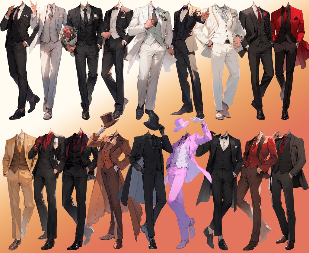【透過素材】スーツ/男性50枚(立ち絵作成用・タキシード、ベスト、フォーマル衣装、ウェディング、シルクハット)