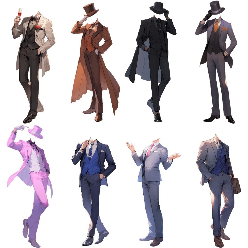 【透過素材】スーツ/男性50枚(立ち絵作成用・タキシード、ベスト、フォーマル衣装、ウェディング、シルクハット)