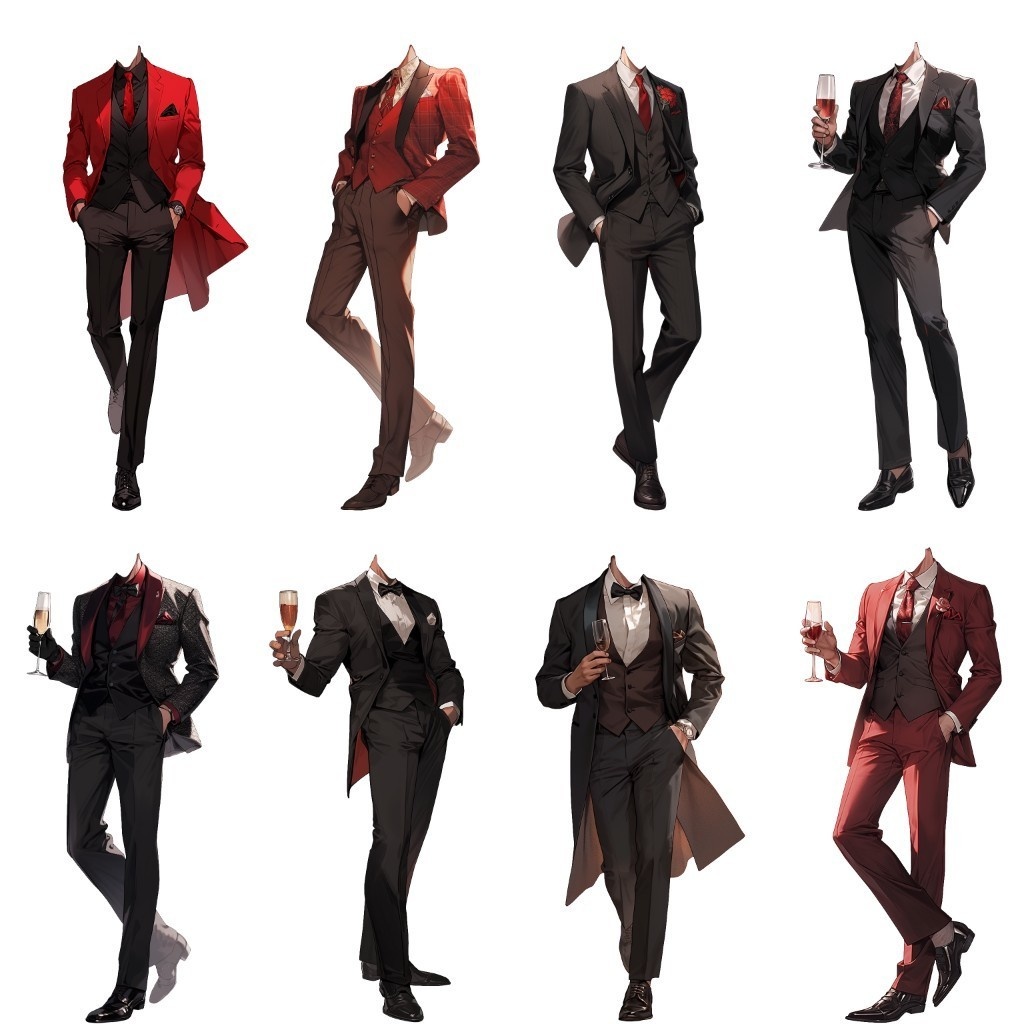 【透過素材】スーツ/男性50枚(立ち絵作成用・タキシード、ベスト、フォーマル衣装、ウェディング、シルクハット)