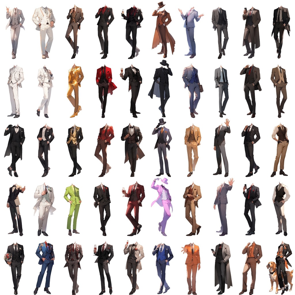【透過素材】スーツ/男性50枚(立ち絵作成用・タキシード、ベスト、フォーマル衣装、ウェディング、シルクハット)