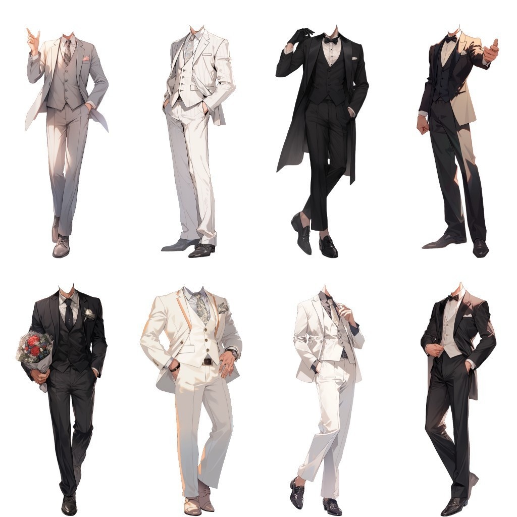 【透過素材】スーツ/男性50枚(立ち絵作成用・タキシード、ベスト、フォーマル衣装、ウェディング、シルクハット)
