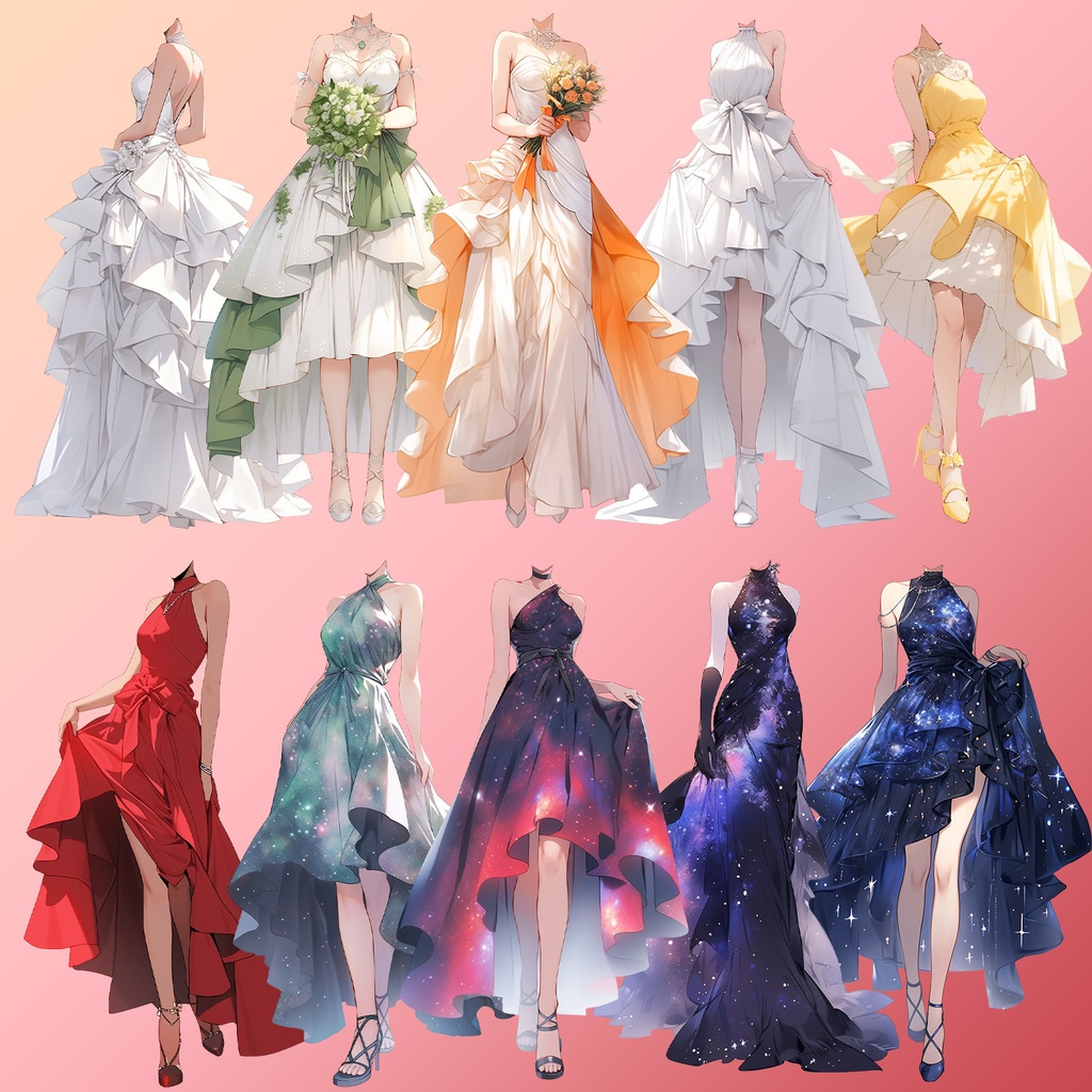 【透過素材】ドレス/女性50枚(立ち絵作成用・ウェディングドレス、パーティー、中世)