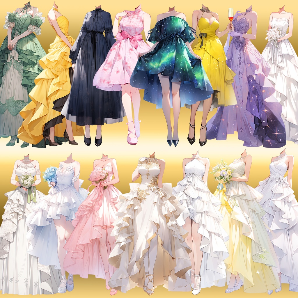 【透過素材】ドレス/女性50枚(立ち絵作成用・ウェディングドレス、パーティー、中世)