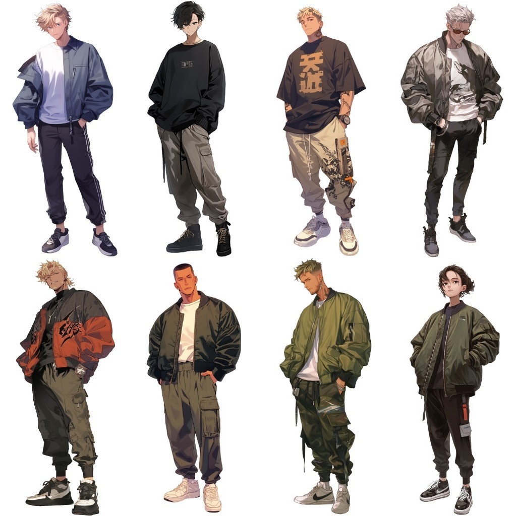 【透過素材】立ち絵・春服/男性50枚(メンズファッション、ボンバージャケット、Tシャツ、デニム、パーカー)