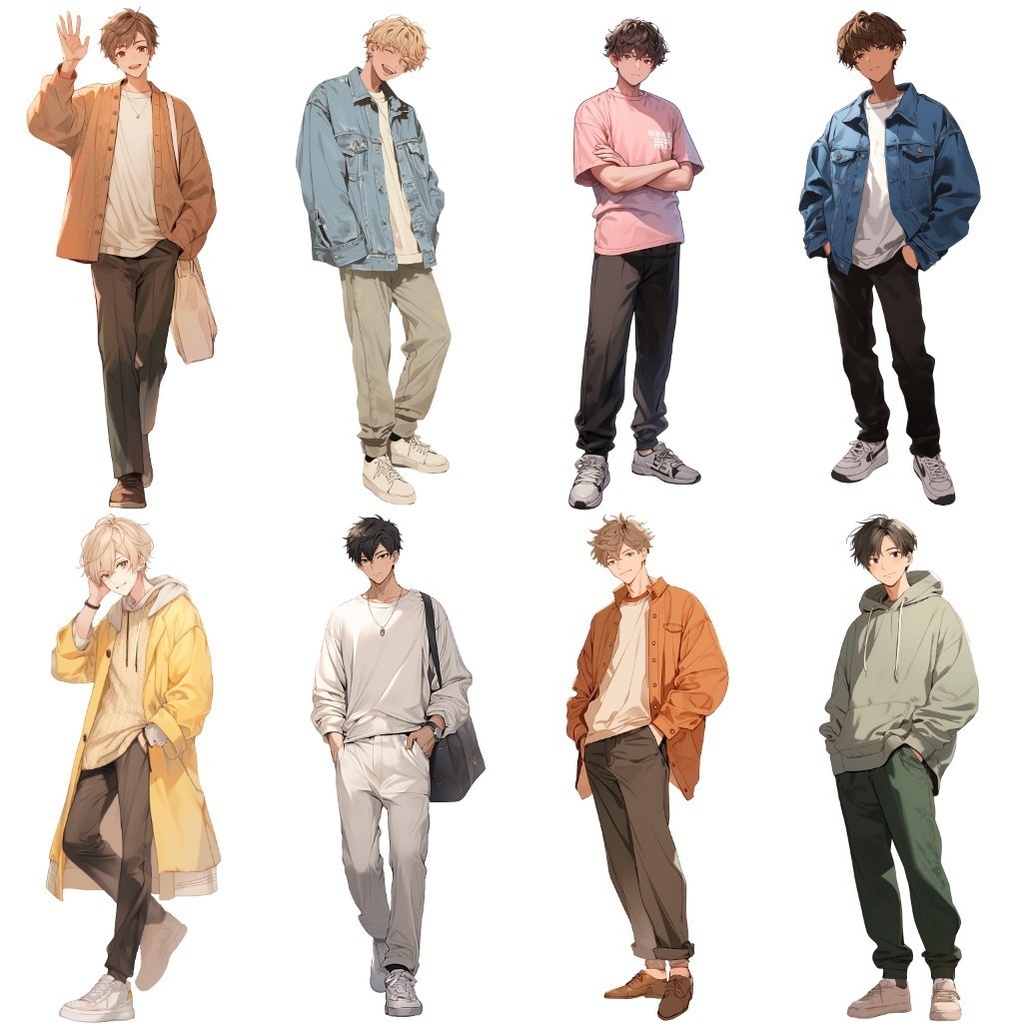 【透過素材】立ち絵・春服/男性50枚(メンズファッション、ボンバージャケット、Tシャツ、デニム、パーカー)