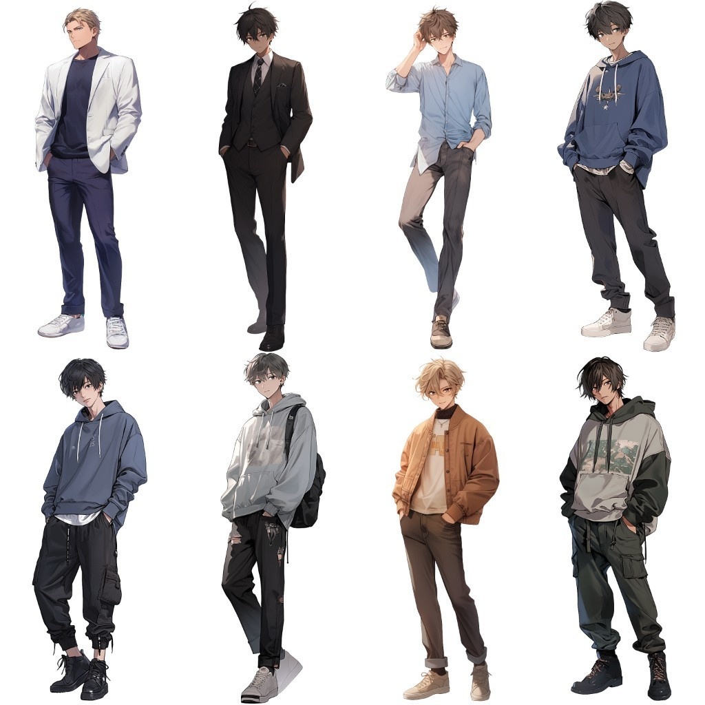 【透過素材】立ち絵・春服/男性50枚(メンズファッション、ボンバージャケット、Tシャツ、デニム、パーカー)