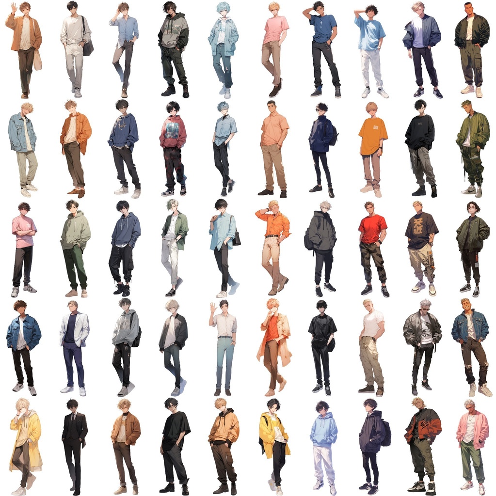 【透過素材】立ち絵・春服/男性50枚(メンズファッション、ボンバージャケット、Tシャツ、デニム、パーカー)