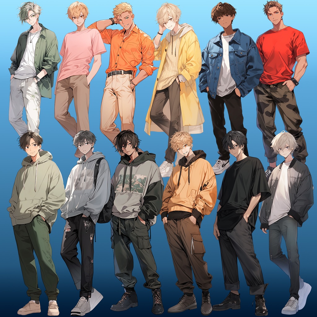 【透過素材】立ち絵・春服/男性50枚(メンズファッション、ボンバージャケット、Tシャツ、デニム、パーカー)