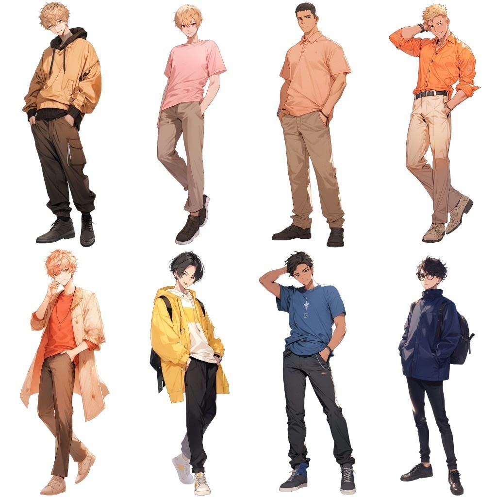 【透過素材】立ち絵・春服/男性50枚(メンズファッション、ボンバージャケット、Tシャツ、デニム、パーカー)