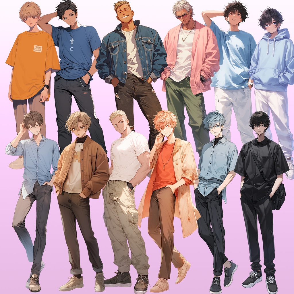 【透過素材】立ち絵・春服/男性50枚(メンズファッション、ボンバージャケット、Tシャツ、デニム、パーカー)