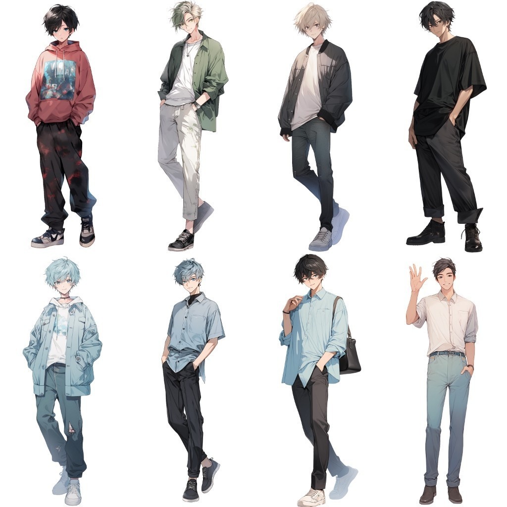 【透過素材】立ち絵・春服/男性50枚(メンズファッション、ボンバージャケット、Tシャツ、デニム、パーカー)