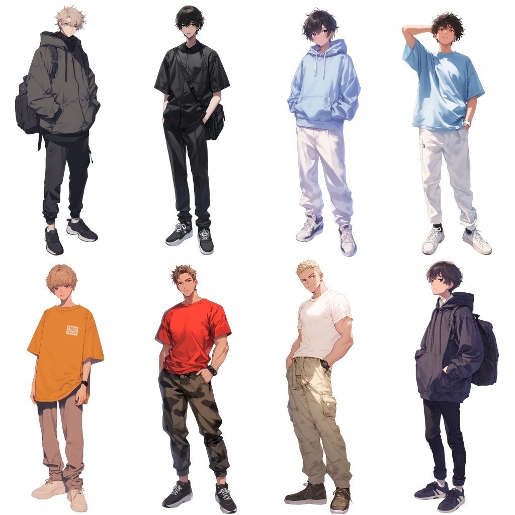 【透過素材】立ち絵・春服/男性50枚(メンズファッション、ボンバージャケット、Tシャツ、デニム、パーカー)