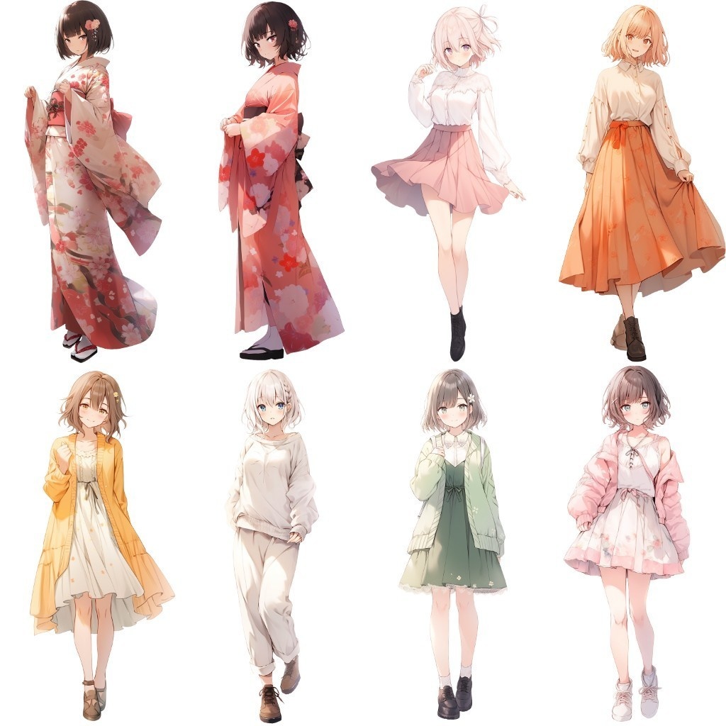 【透過素材】立ち絵・春服/女性50枚(レディースファッション、Tシャツ、スカート、着物、制服)