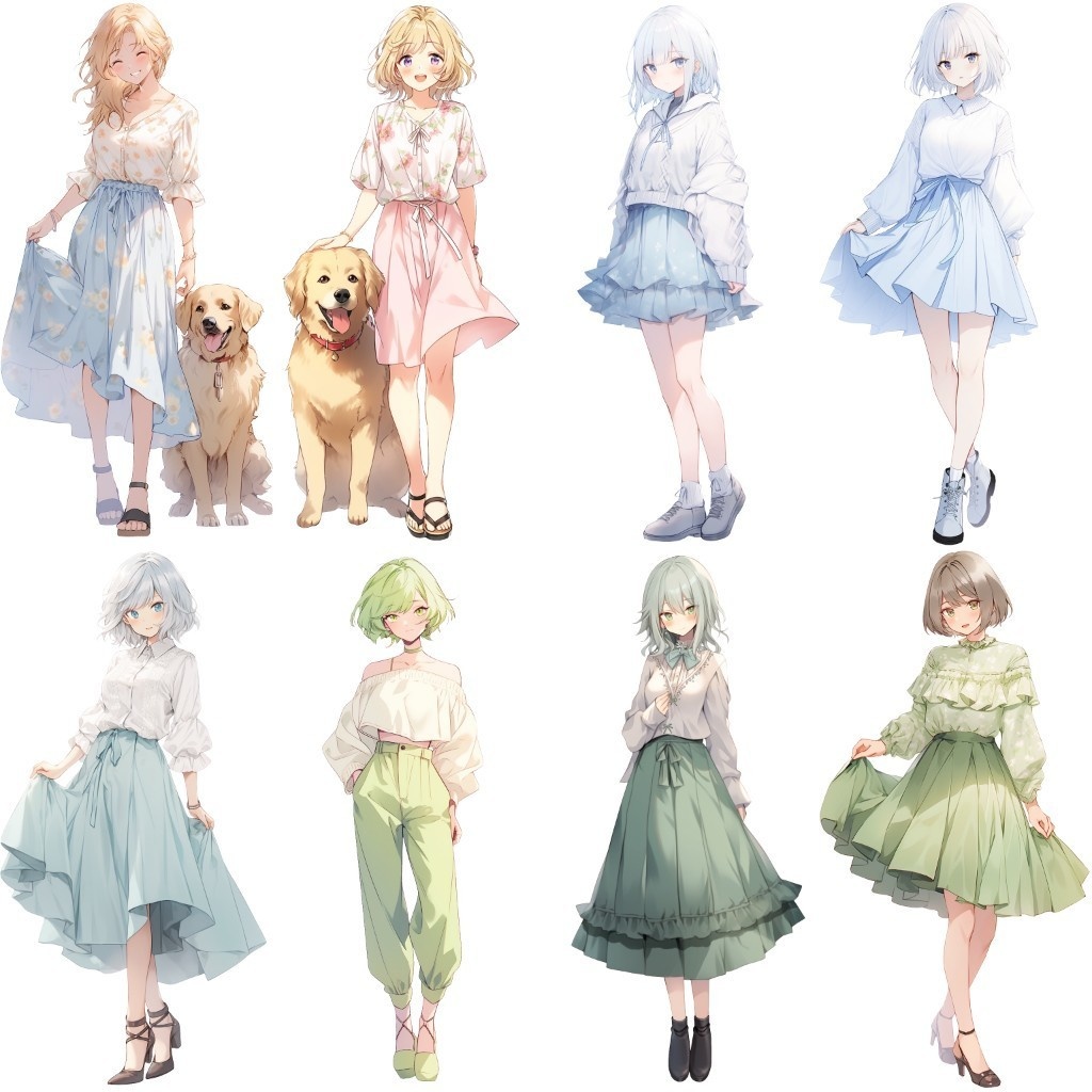 【透過素材】立ち絵・春服/女性50枚(レディースファッション、Tシャツ、スカート、着物、制服)