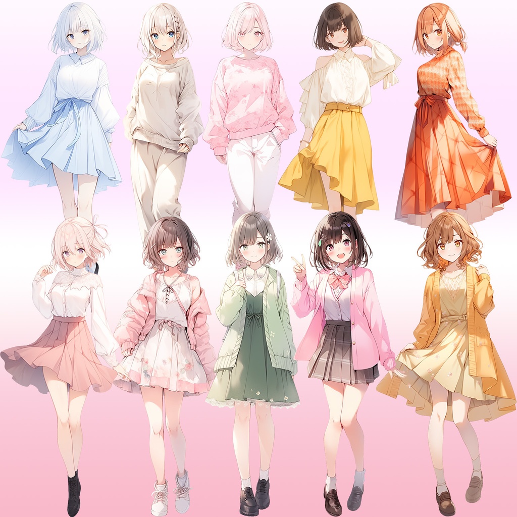 【透過素材】立ち絵・春服/女性50枚(レディースファッション、Tシャツ、スカート、着物、制服)