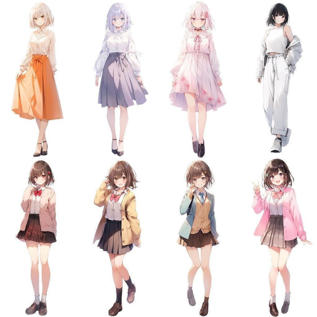 【透過素材】立ち絵・春服/女性50枚(レディースファッション、Tシャツ、スカート、着物、制服)