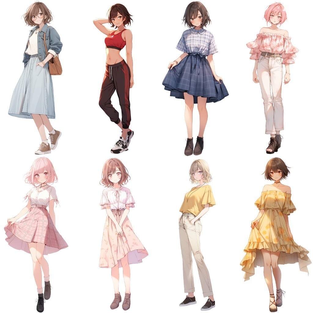 【透過素材】立ち絵・春服/女性50枚(レディースファッション、Tシャツ、スカート、着物、制服)