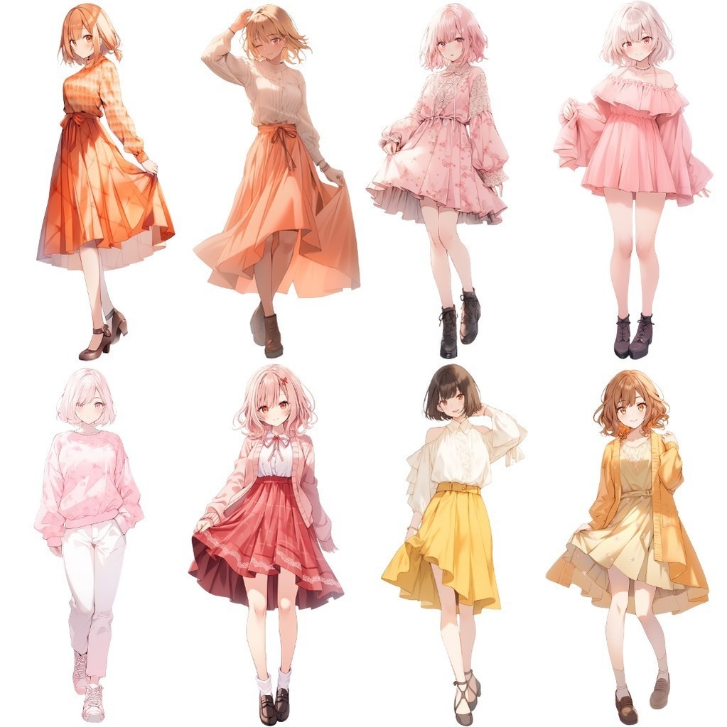 【透過素材】立ち絵・春服/女性50枚(レディースファッション、Tシャツ、スカート、着物、制服)