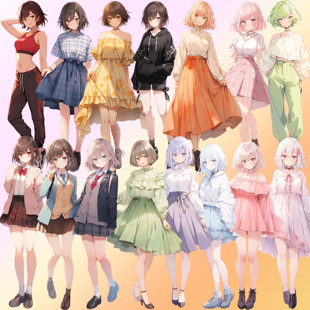 【透過素材】立ち絵・春服/女性50枚(レディースファッション、Tシャツ、スカート、着物、制服)