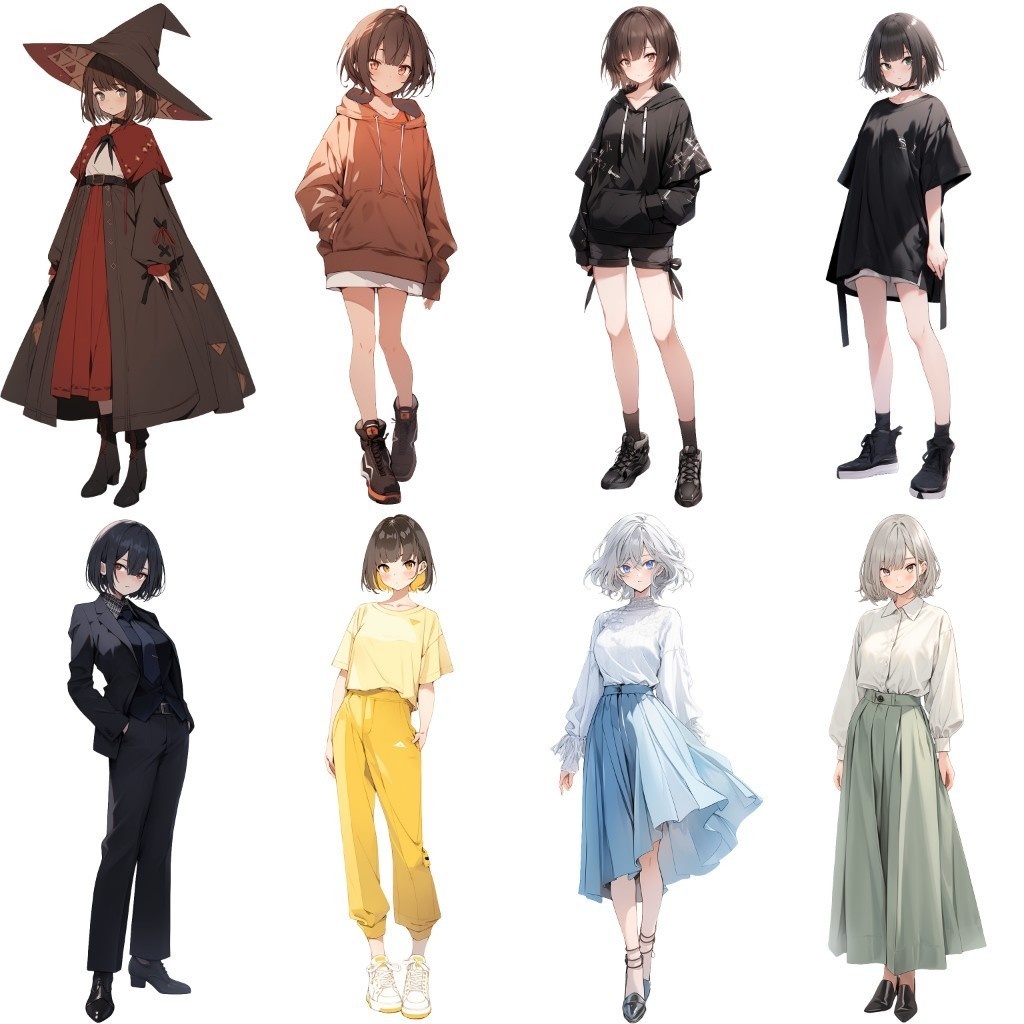 【透過素材】立ち絵・春服/女性50枚(レディースファッション、Tシャツ、スカート、着物、制服)