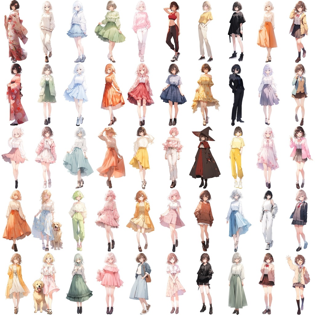 【透過素材】立ち絵・春服/女性50枚(レディースファッション、Tシャツ、スカート、着物、制服)