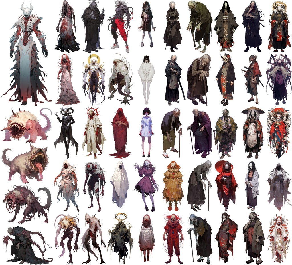 【透過素材】怪異50枚(和風ホラー系,妖怪,モンスター,ピエロ)