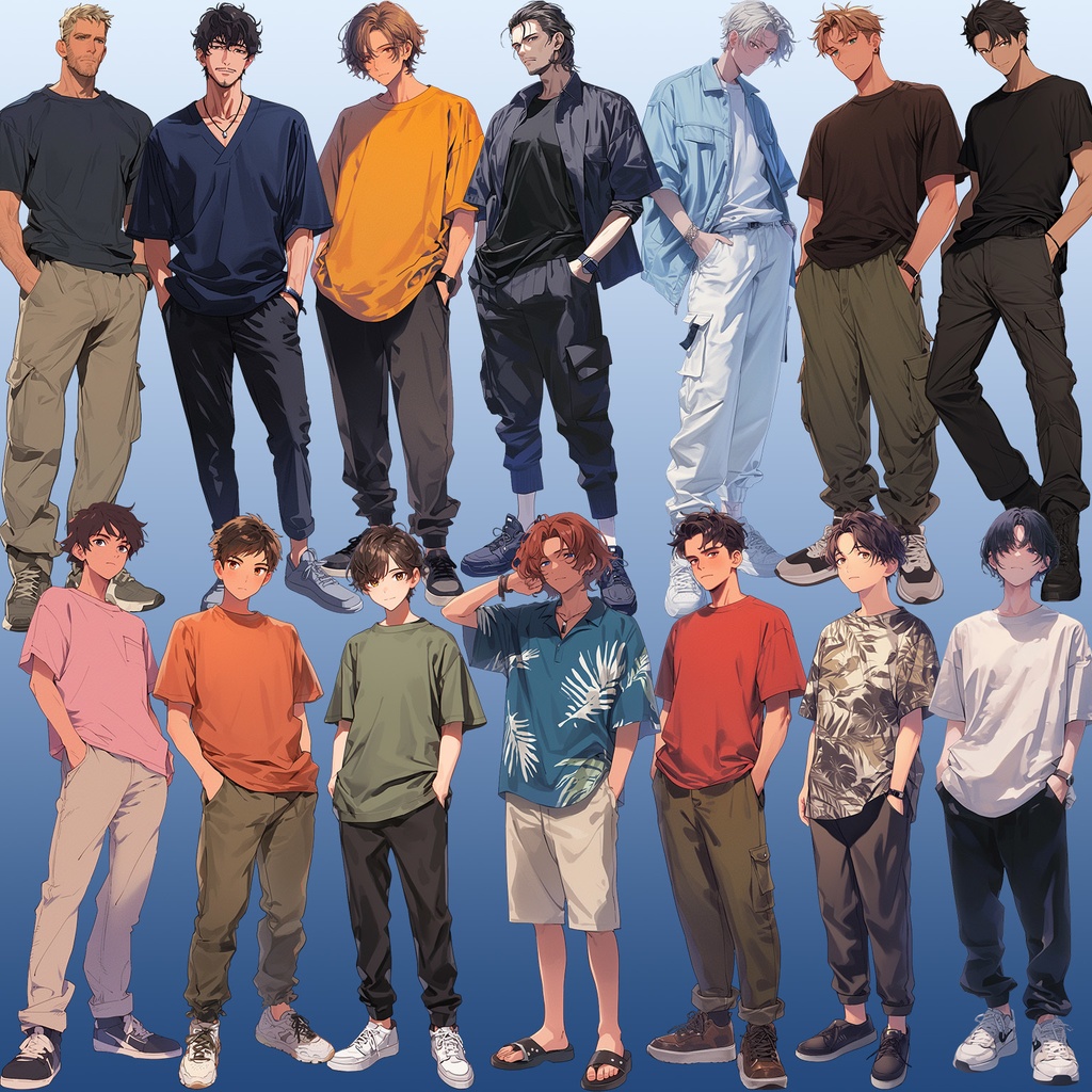 【透過素材】立ち絵・夏服/男性50枚(半袖Tシャツ、ジーンズ、シャツ、メンズファッション)