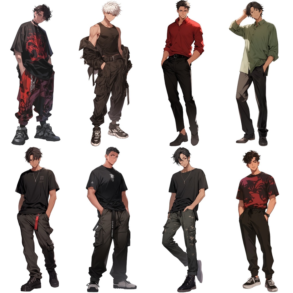 【透過素材】立ち絵・夏服/男性50枚(半袖Tシャツ、ジーンズ、シャツ、メンズファッション)