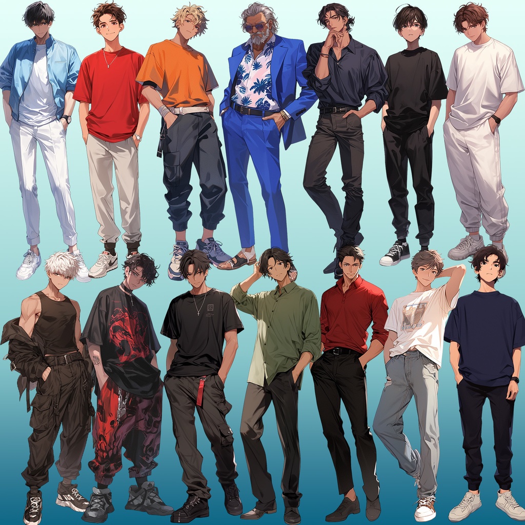 【透過素材】立ち絵・夏服/男性50枚(半袖Tシャツ、ジーンズ、シャツ、メンズファッション)