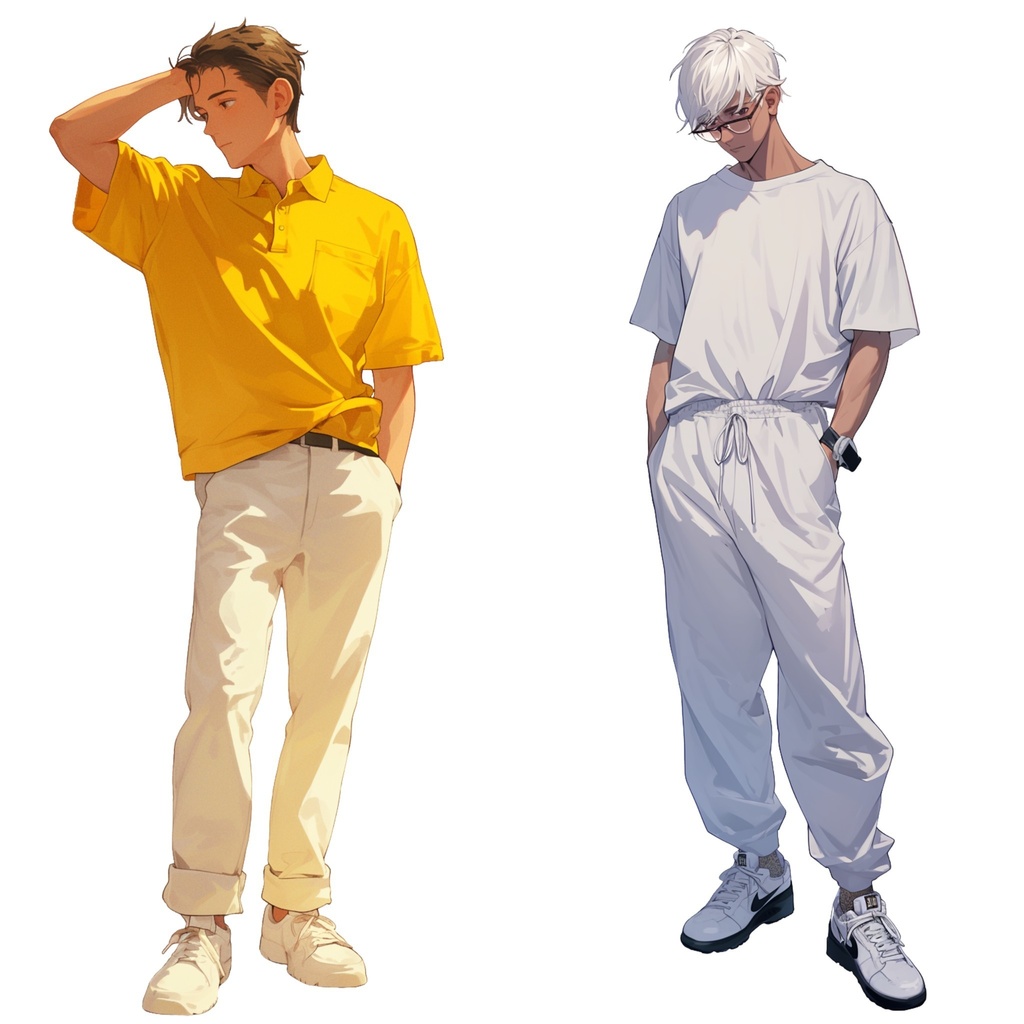 【透過素材】立ち絵・夏服/男性50枚(半袖Tシャツ、ジーンズ、シャツ、メンズファッション)