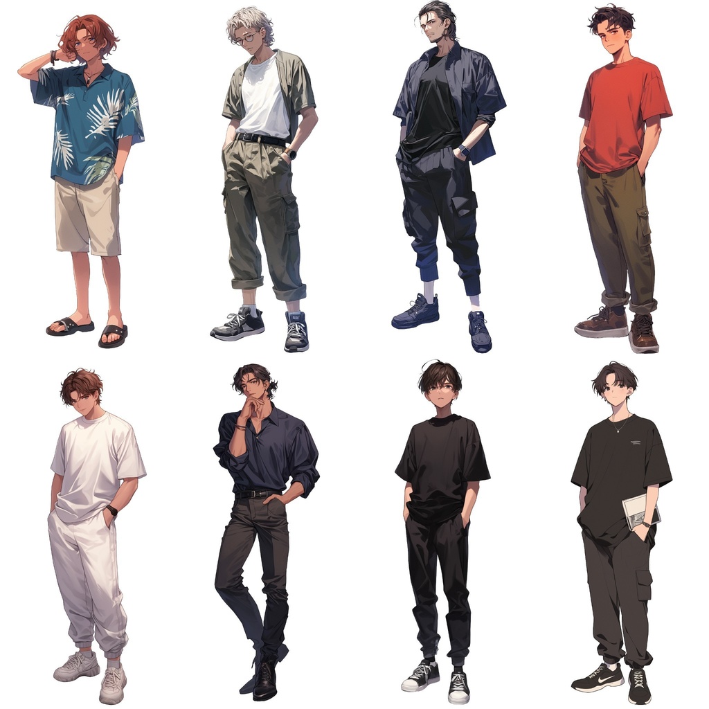 【透過素材】立ち絵・夏服/男性50枚(半袖Tシャツ、ジーンズ、シャツ、メンズファッション)