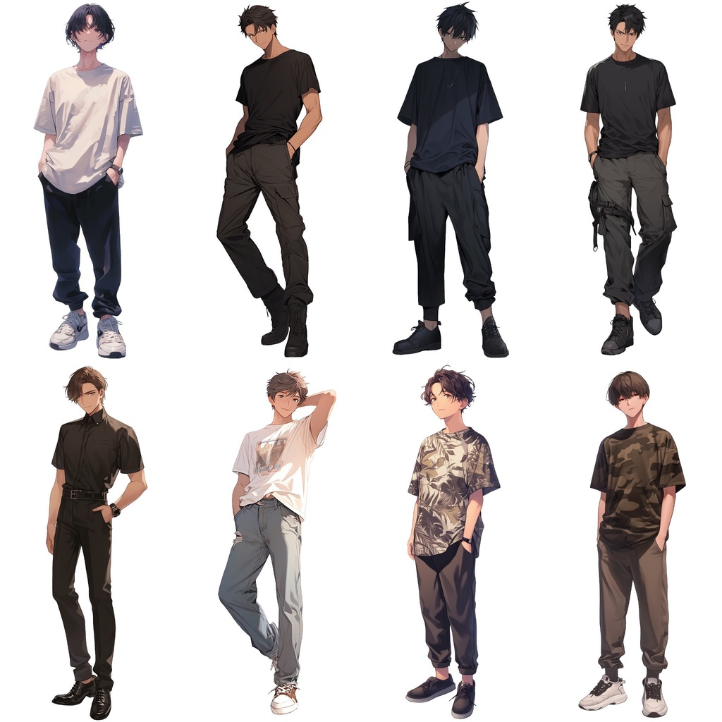 【透過素材】立ち絵・夏服/男性50枚(半袖Tシャツ、ジーンズ、シャツ、メンズファッション)