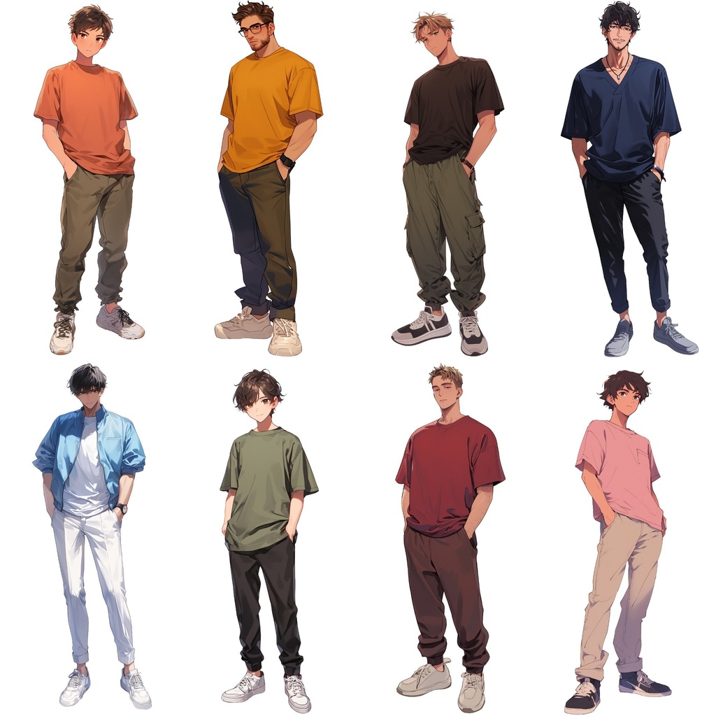 【透過素材】立ち絵・夏服/男性50枚(半袖Tシャツ、ジーンズ、シャツ、メンズファッション)