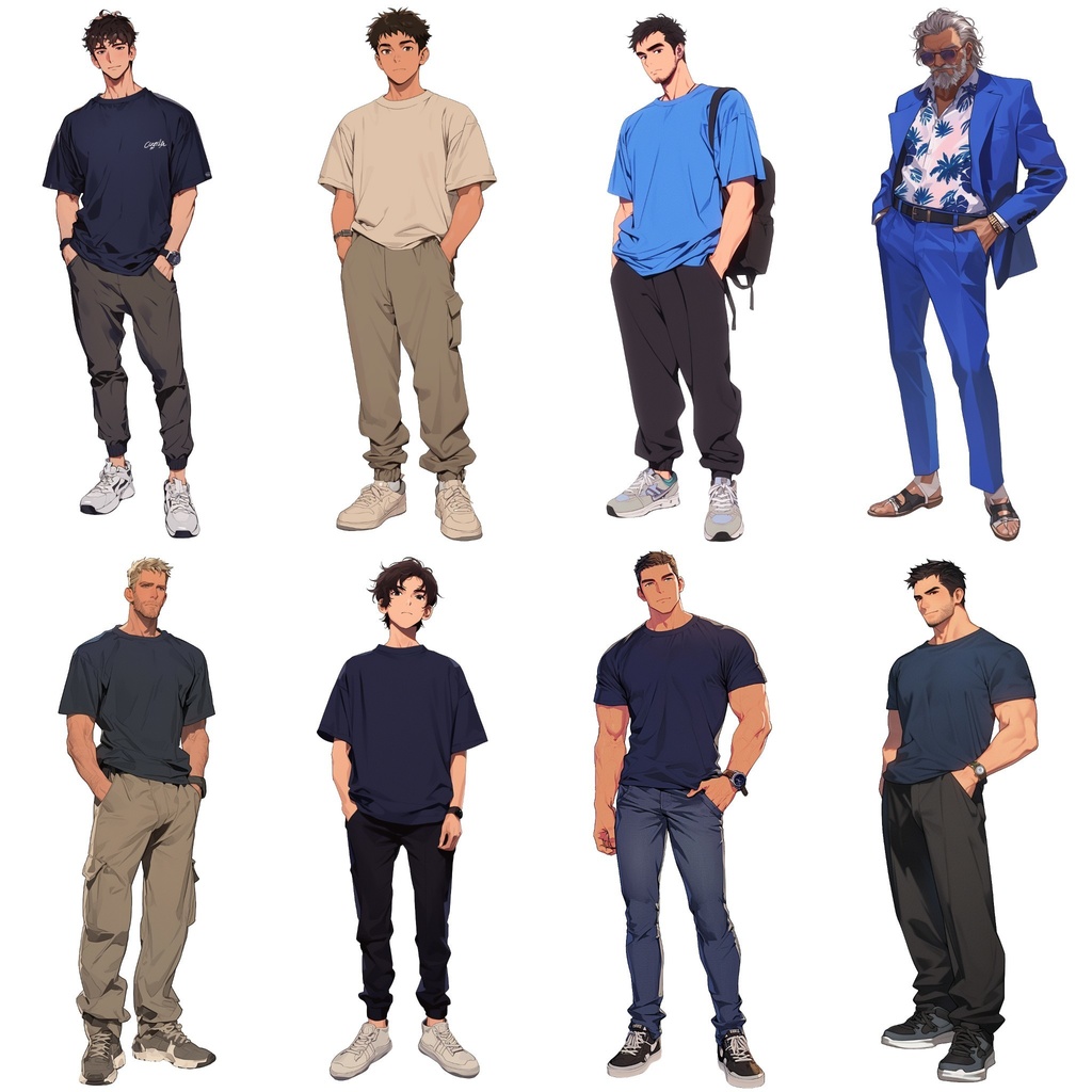 【透過素材】立ち絵・夏服/男性50枚(半袖Tシャツ、ジーンズ、シャツ、メンズファッション)